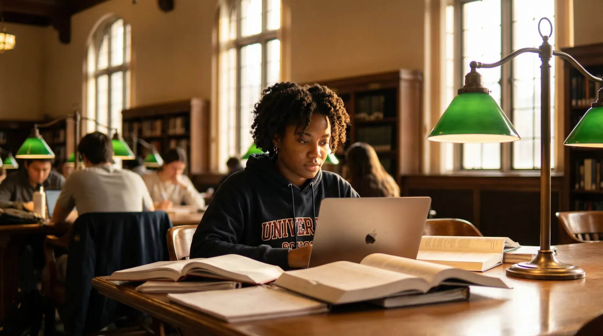 Student researching scholarships in a library